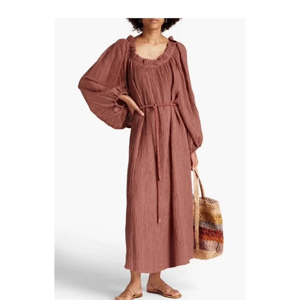 Tory‎ Burch Linen Gauze Oversized Bishop Sleeve Midi Dress Terra-Cotta S-XL
